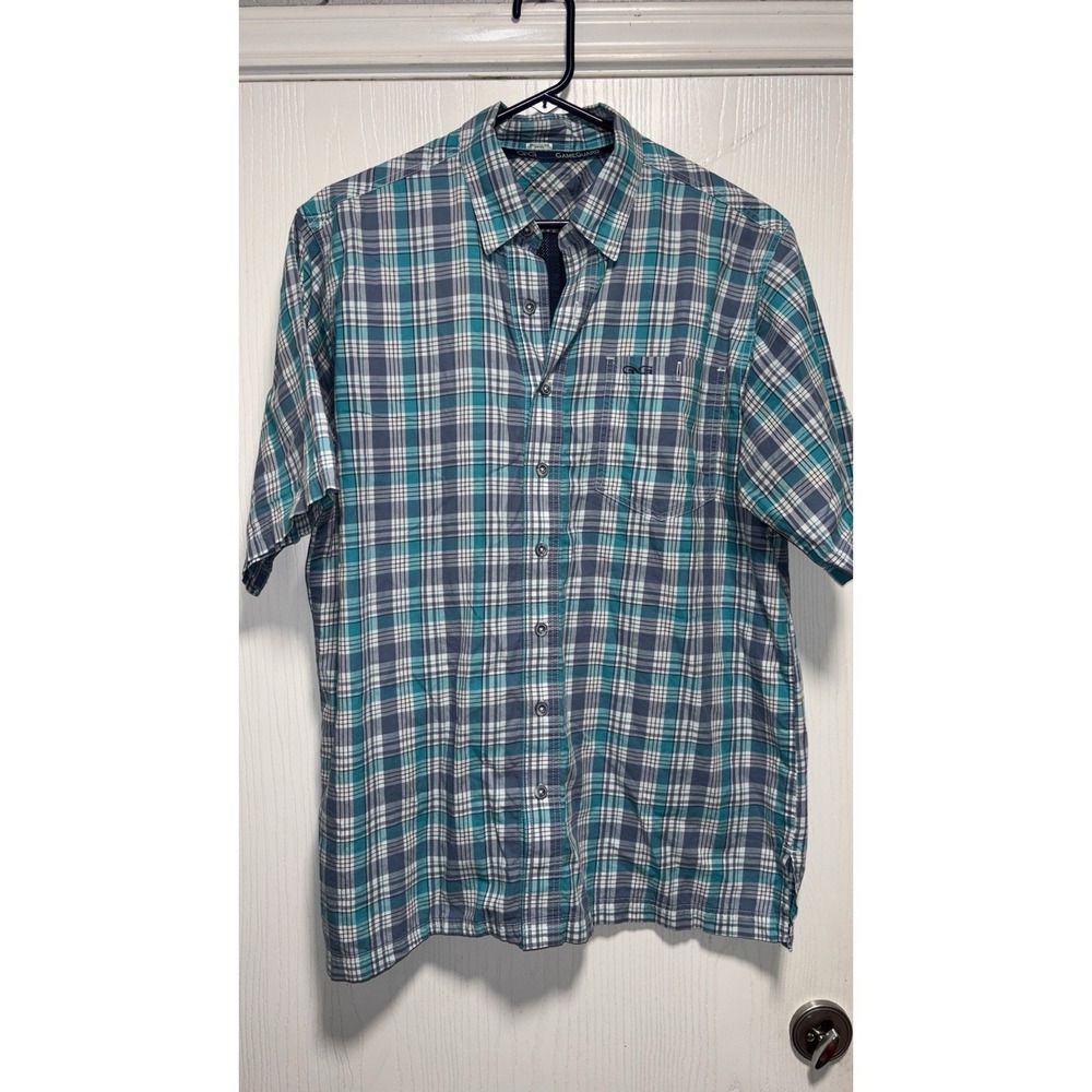 GameGuard Shirt Mens Large Short Sleeve Fishing Outdoors Vented Plaid Teal White